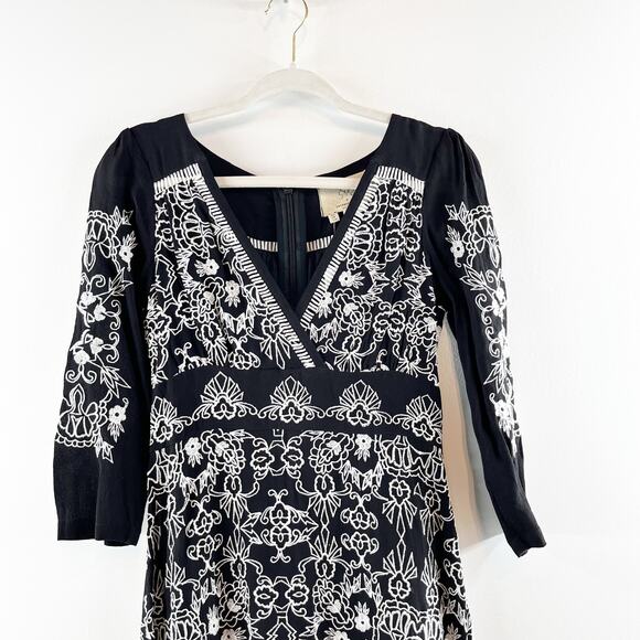 Vanessa Virginia by Anthropologie V Neck Embroidered Coquette Dress Black 2 NWT - Picture 5 of 14